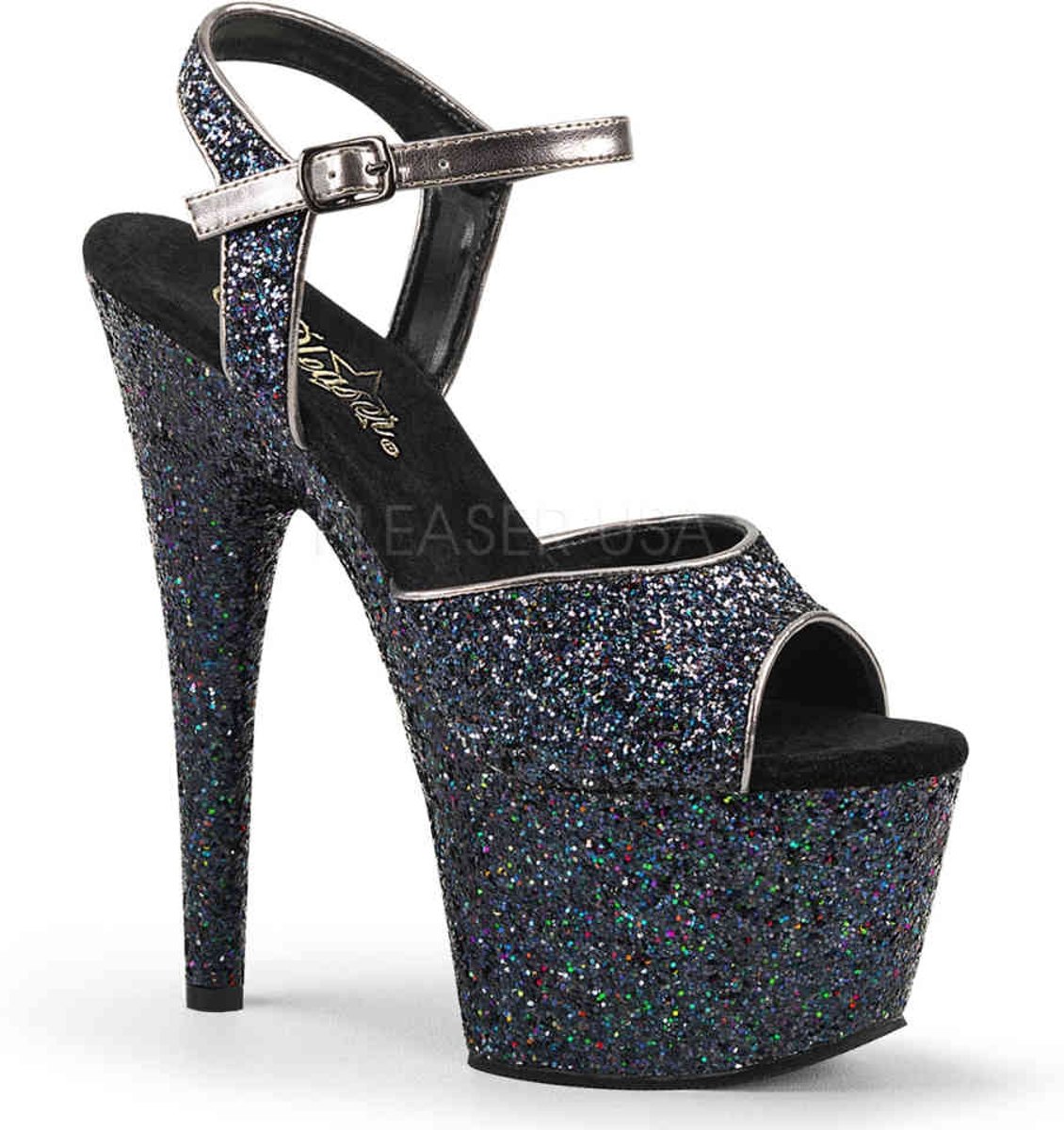 EU 38 = US 8 | ADORE-710LG | 7 Heel, 2 3/4 PF Holo Glitter Ankle Strap Sandal